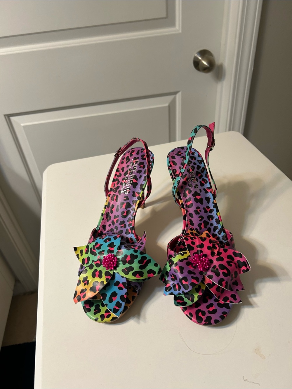 Cape Robbin Rainbow Leopard Print Slingback Heels with Flower Accent